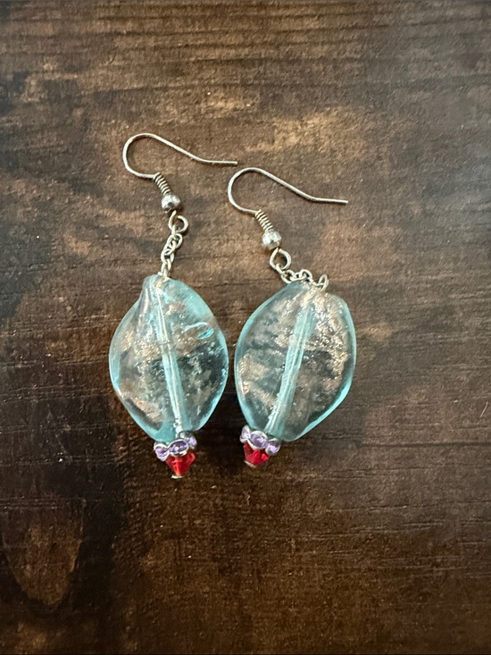 Jewelry - Handmade Aqua Glass Drop Earrings with Red Accent